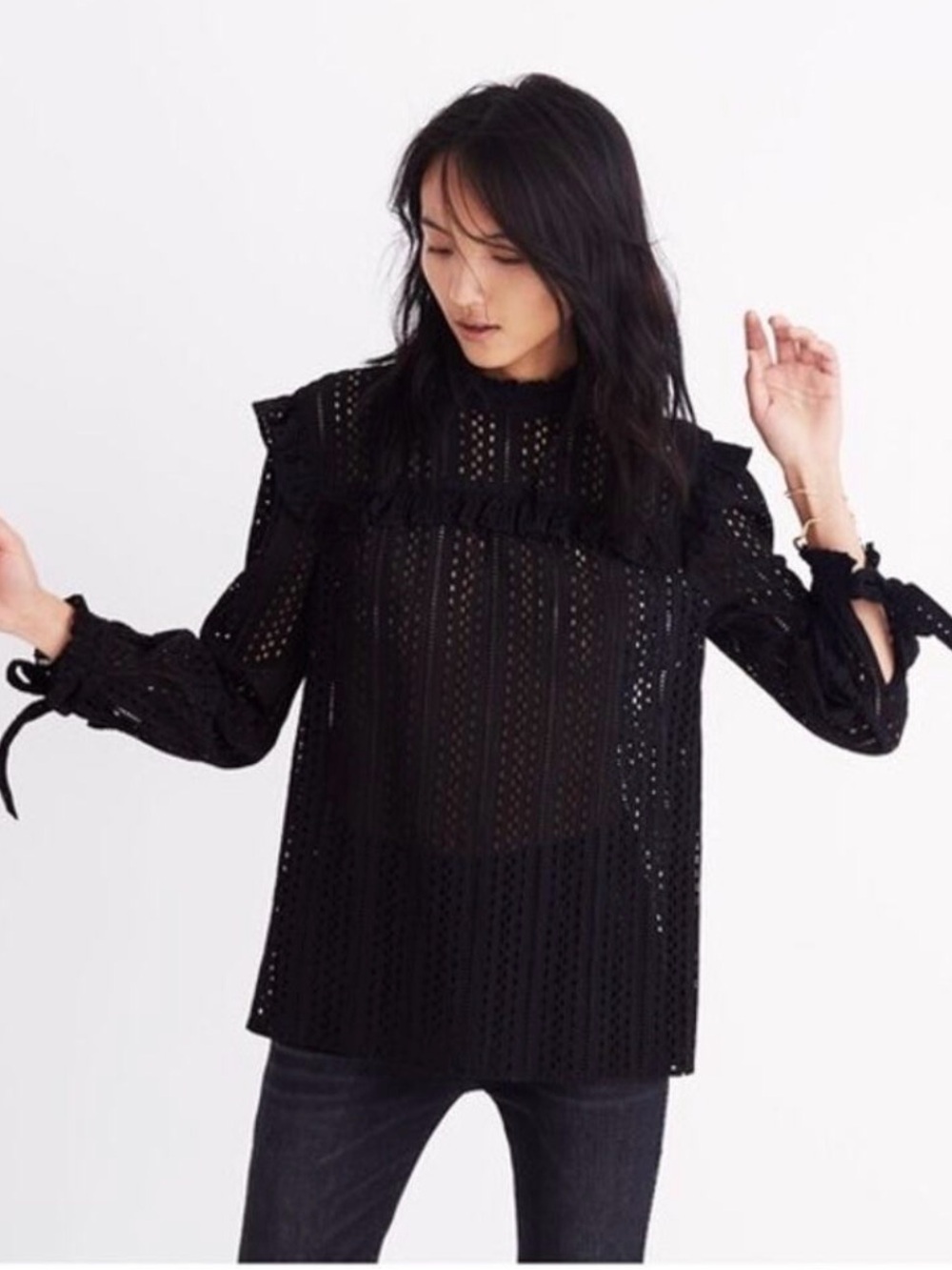 Madewell Black Eyelet Ruffle Tie-Cuff Blouse Sz XS